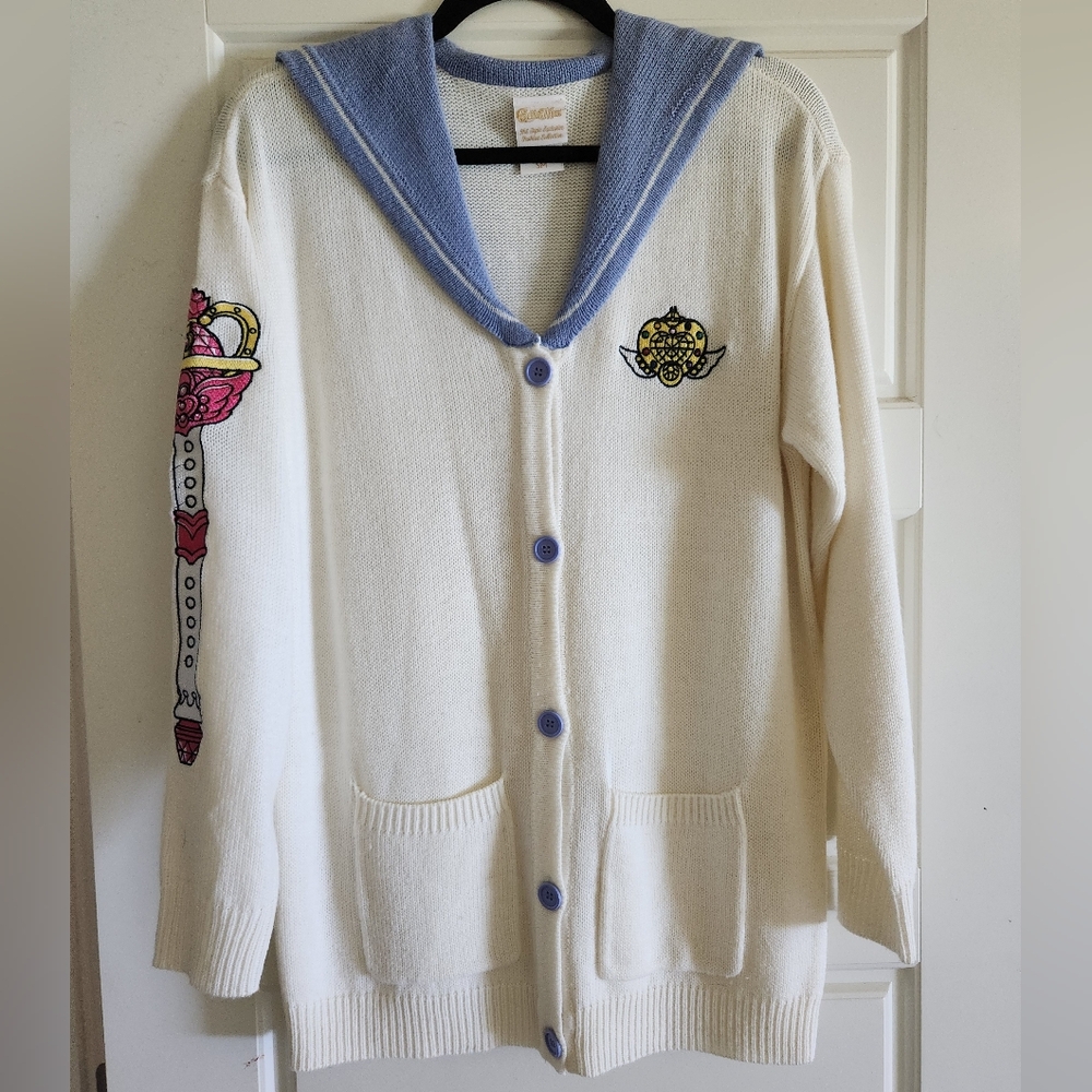 White Sailor Moon Cardigan with Blue Collar and Embroidered Details